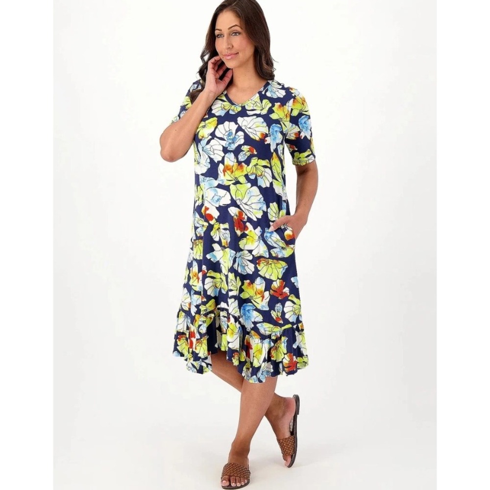 LOGO Lori Goldstein Dress XL‎ Blue Floral Ruffle Hem V-Neck Short Sleeve Knit